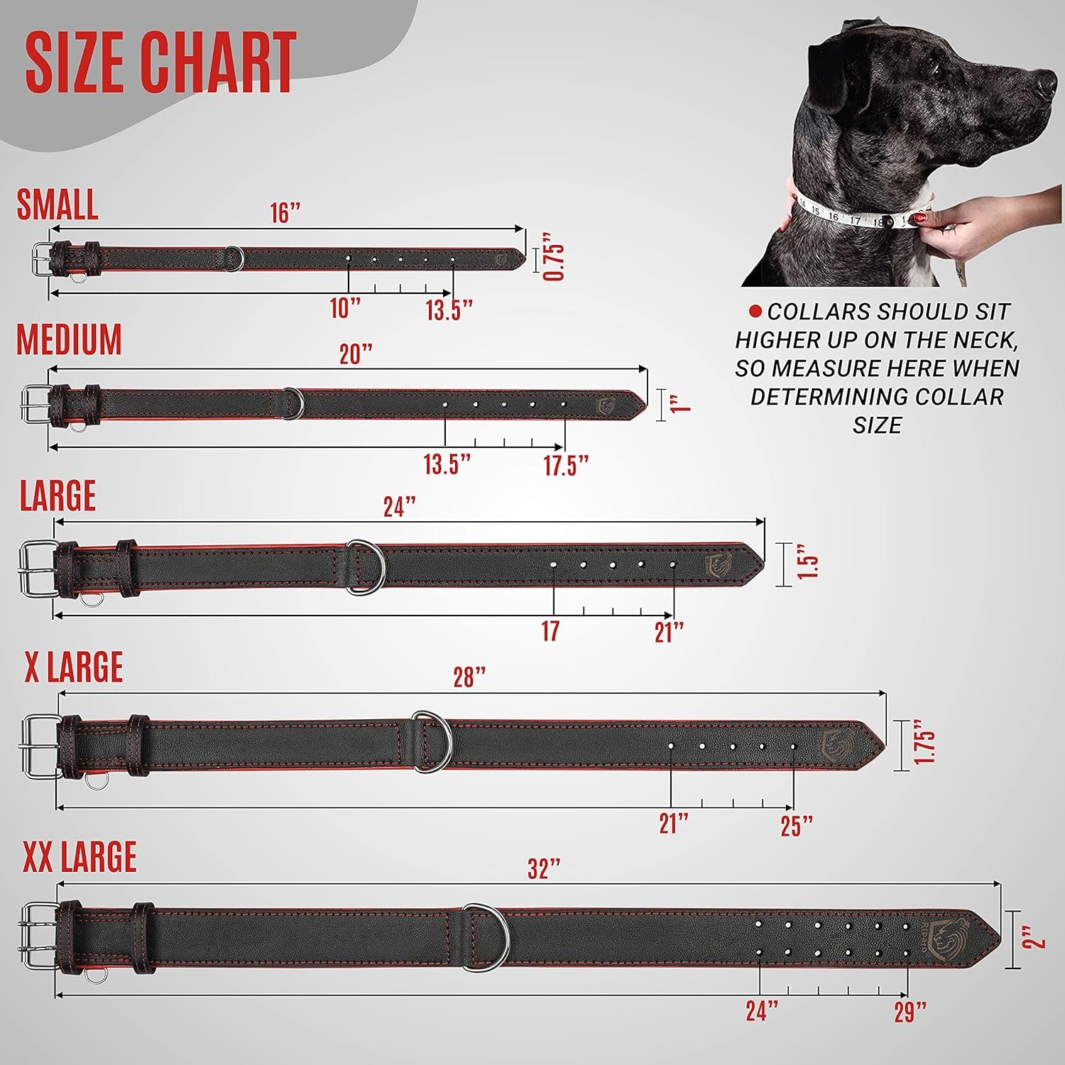 Riparo Dog Collars for Medium Dogs, Genuine Leather Dog Collar, Medium Dog Collar (M: 1" Wide for 13.5”-17.5” Neck, Black/Red Thread)
