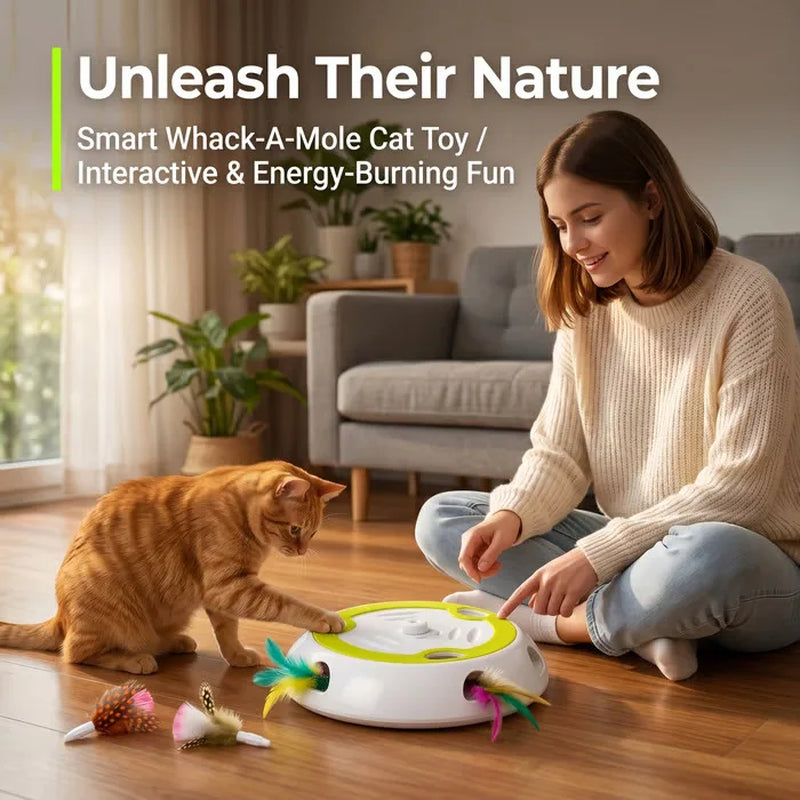 Interactive Whack-A-Mole Cat Toy, Smart Motion Activated Cat Toy with 3 Replacement Feathers